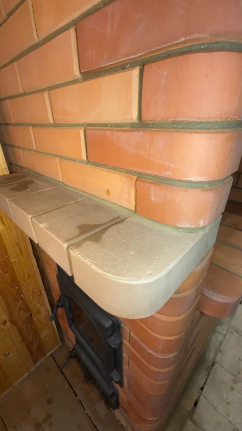 New brick heating stove. Overview of the heating stove's design elements. S.. Stock Footage 329251250