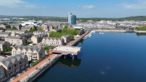 New build waterfront house Chatham docks redevelopment Kent UK drone aerial Video stock 334648917