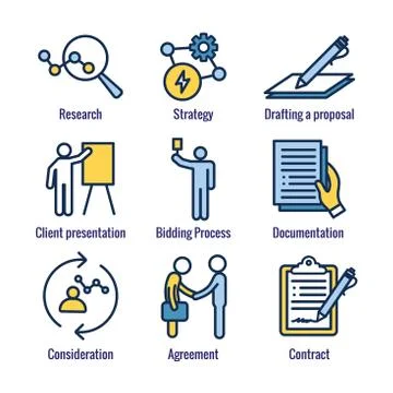 New Business Process Icon Set with Bidding Process, Proposal, &amp; Contract Stock Illustration