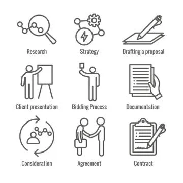 New Business Process Icon Set with Bidding Process, Proposal, &amp; Contract Stock Illustration