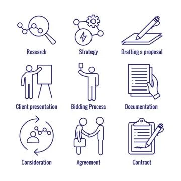 New Business Process Icon Set with Bidding Process, Proposal, &amp; Contract Illustrazione stock