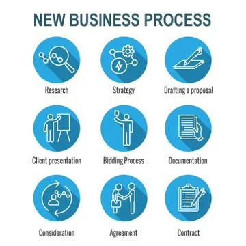 New Business Process Icon Set with Bidding Process, Proposal, &amp; Contract Stock Illustration