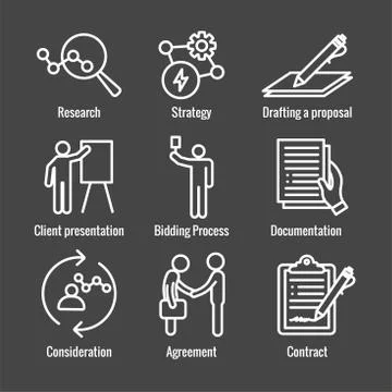 New Business Process Icon Set with Bidding Process, Proposal, &amp; Contract Stock Illustration