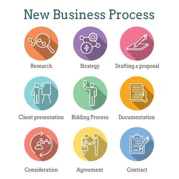 New Business Process Icon Set with Bidding Process, Proposal, &amp; Contract Stock Illustration