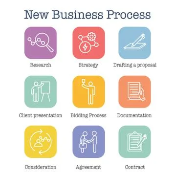 New Business Process Icon Set with Bidding Process, Proposal, &amp; Contract Stock Illustration