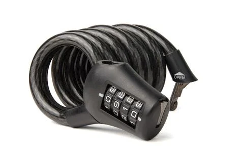 New cable coiled black combination bicycle lock isolated on white background Stock Photos