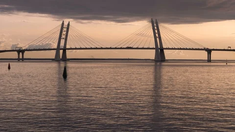 New cable-stayed bridge over the ship's fairway. Stock Footage 129522192