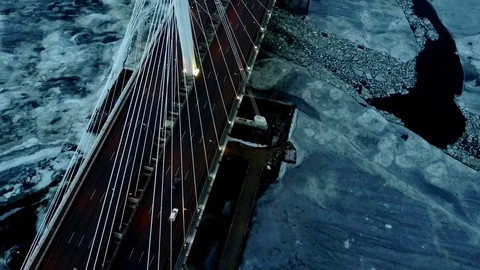 New cable-stayed bridge in winter night with a bird's-eye view, Saint Petersburg Stock Footage 71105398