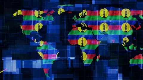New Caledonia flag earth map glowing technology motion news background Stock Footage 264617065