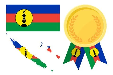 New Caledonia flag with map and gold medal in set for web and banners or ap.. Stock Illustration