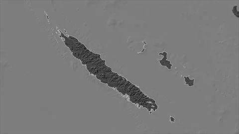 New Caledonia outlined on a Bilevel elevation map with lakes and rivers Illustrazione stock