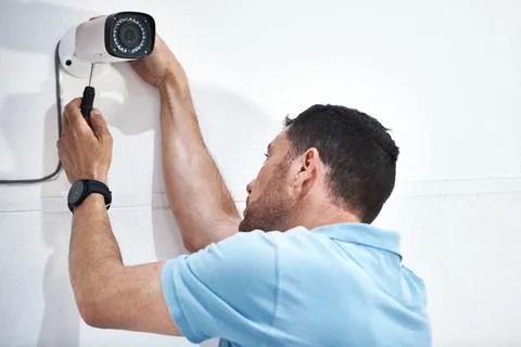 With this new camera youll be able to view everything. a mature man installing a Stock Photos