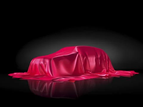 New car model on a stand under red fabric presentation concept isolated on black Illustrazione stock