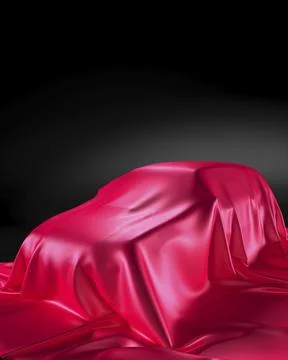 New car model on a stand under red shiny fabric presentation concept isolated on Ilustración de archivo