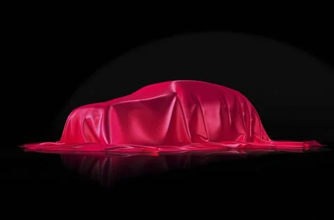 New car on a stand under red fabric presentation concept isolated on black Ilustración de archivo