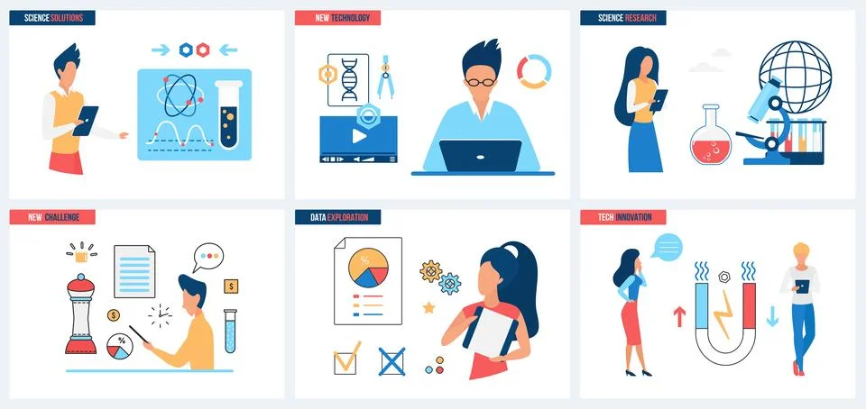 New challenge in data exploration, science solutions, tech innovation set and Illustrazione stock
