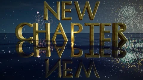 New Chapter Gold 3D Text Rising From Reflective Water With Fireworks Seamles Video stock 342803235