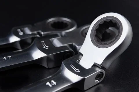New chrome-plated key ring with latch. Accessories for a mechanic on a worksh Stock Photos