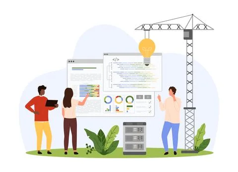 New coding solution in development of mobile applications and software by tiny Illustrazione stock