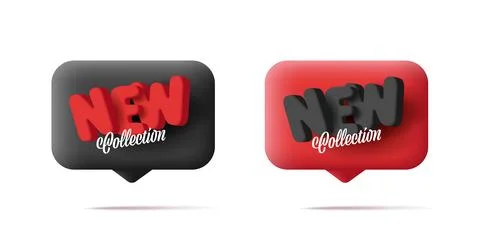 New collection 3d tag, rounded bubble with letters, black and red colors Stock Illustration