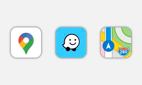New collection of popular navigation application icons: Google Maps, Waze, Ap Stock Illustration