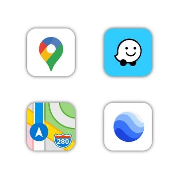New collection of popular navigation application icons: Google Maps, Waze, Ap Stock Illustration