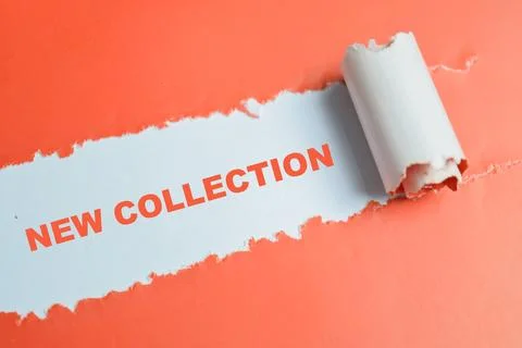 New collection text written in torn paper. Stock Photos