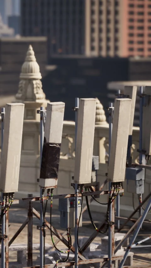 New communication towers on building rooftop in urban setting Stock Footage 340641074