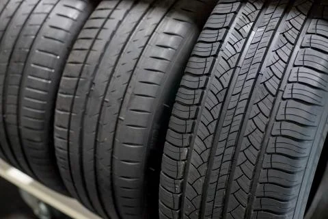 New Compact Vehicles Tires Stack. Winter and Summer Season Tires.Car tires Foto stock