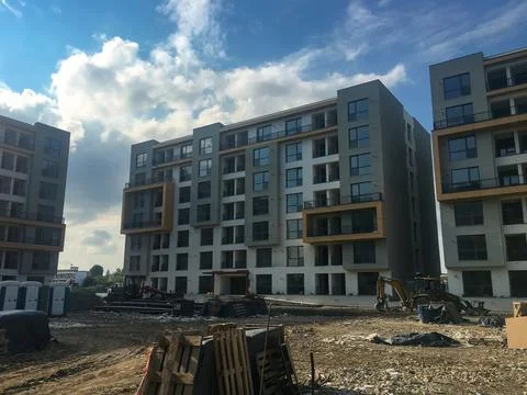 New complex of apartment buildings under construction Stock Photos