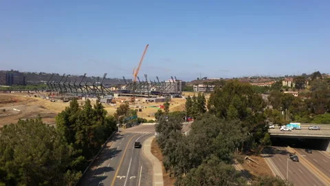 New construction Aztec Stadium in Mission Valley, San Diego. Drone ascend. Stock Footage 160712669