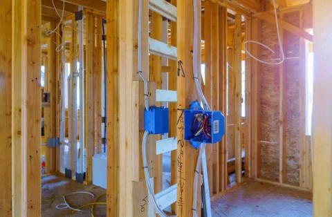 New construction of beam construction house framed the ground up Stock Photos