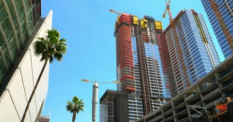 New construction development site with cranes in Los Angeles Downtown, 4K Stock Footage 88982560