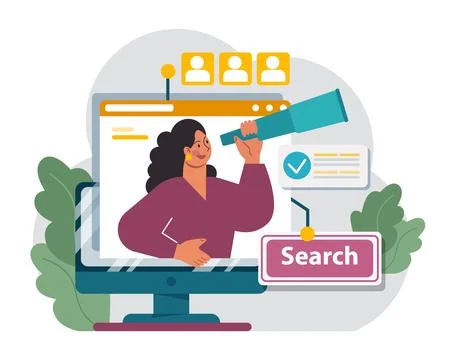 New customers search. Character looking through spyglass. Business 스톡 일러스트