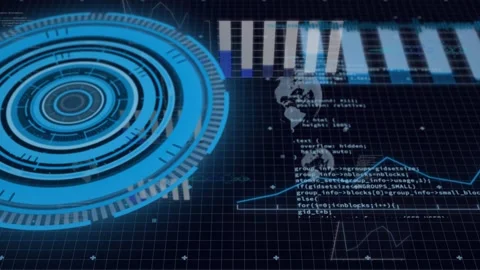 New data arriving, cyan HUD rotating as code scrolling, bars rising and globe Stockbeeldmateriaal 329122497