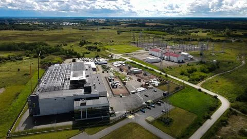 New data center construction site with electrical substation Stockfoto's