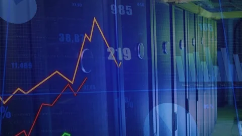 New data driving server racks, charts updating, orange line rising, dipping, Stock Footage 332577648