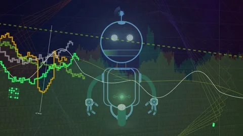 New data feed hitting left driving robot updating face as charts sweeping center Stock Footage 335465797