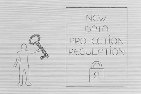New data protection regulations man holding key next to privacy text Illustrazione stock