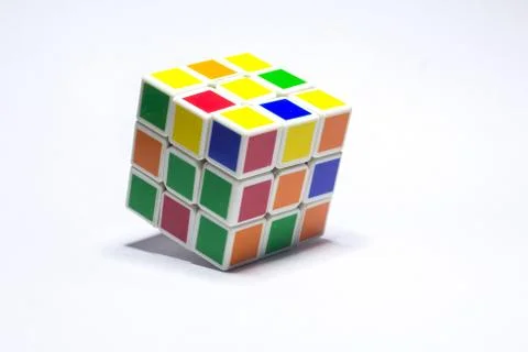 New Delhi, India - May 10, 2019. Rubik's cube color blue, white, orange, gree Stock Photos