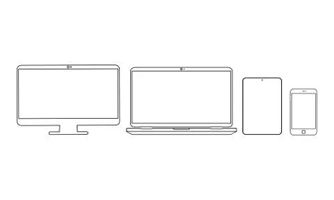 New device icon flat set in black smartphone, laptop, computer monitor on iso Stock Illustration