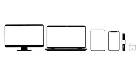 New device icon set in black: smartphone, laptop, computer monitor, tablet Stock Illustration
