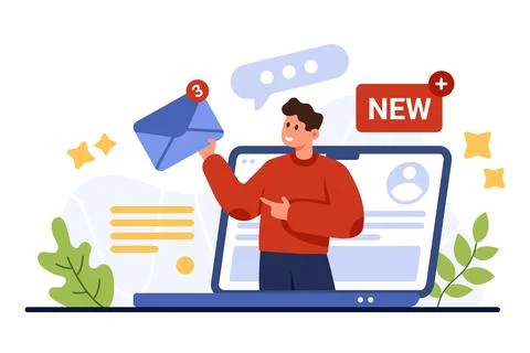 New email and SMS notification in mailbox mobile app, tiny man on screen giving Stock Illustration