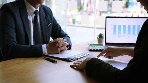 New employee explains about his work and work ability at the old company and  Stock Footage 125018442