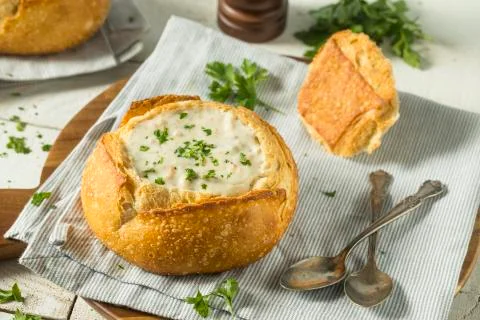 New England Clam Chowder in a Bread Bowl Stock Photos