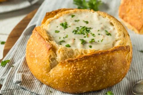 New England Clam Chowder in a Bread Bowl Stock Photos