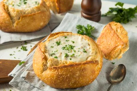 New England Clam Chowder in a Bread Bowl Stock Photos