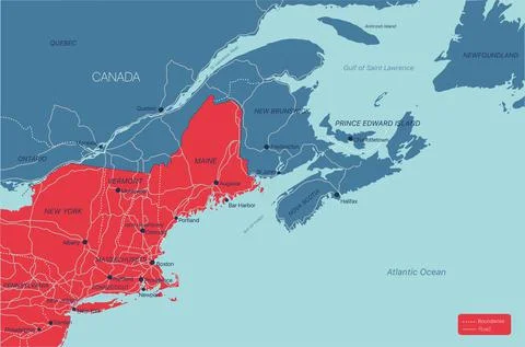 New England detailed editable map Stock Illustration