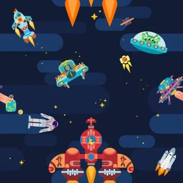 New exciting space star pattern astronauts spaceships and flying 스톡 일러스트