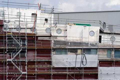 New ferry in construction using crane and scaffolding at Port Glasgow Stock Photos